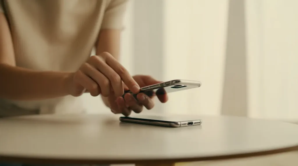 Person fitting a properly sized protective case onto a smartphone