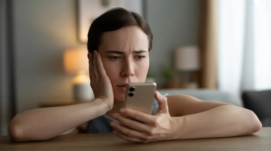 Person closely examining their phone screen with a curious expression