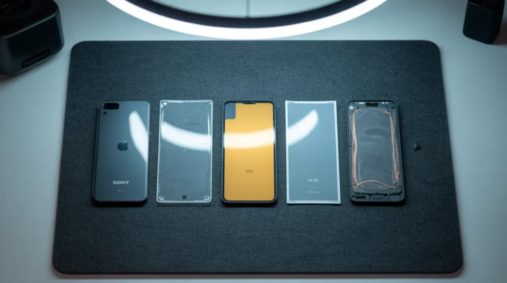 Overhead view of disassembled phone display layers with one panel showing yellow tint.