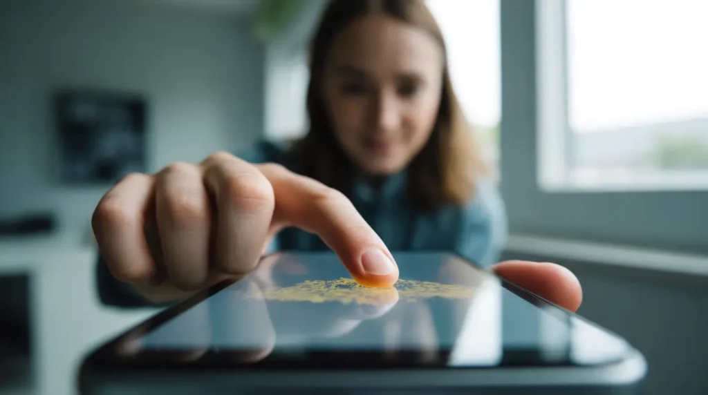 A hand pressing gently on a phone screen to test a yellow discoloration spot.