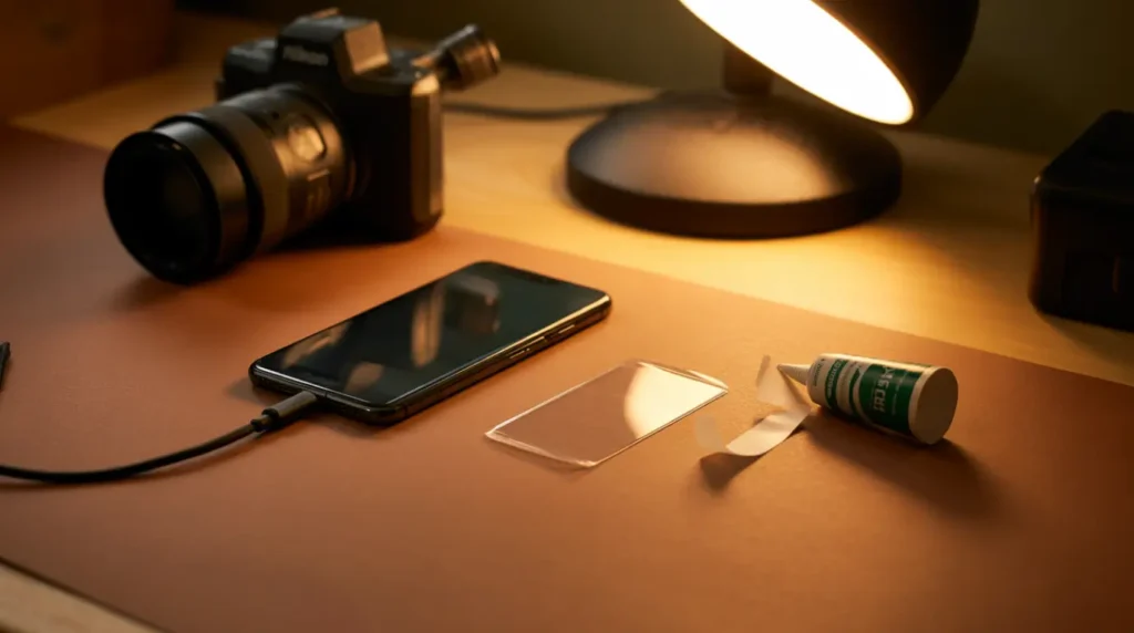 Workbench setup with a phone, charging cable, and a peeled screen protector nearby.