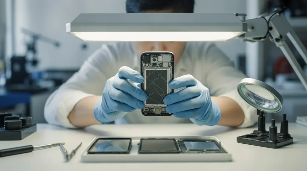 A technician inspecting a smartphone screen under bright lighting in a repair shop.
