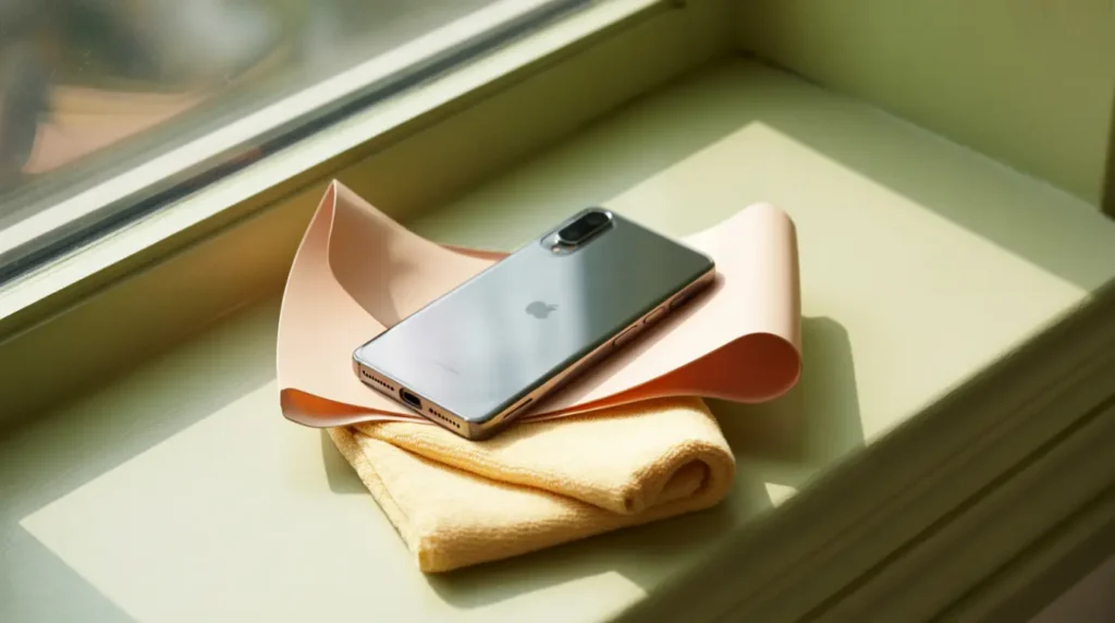 A smartphone in a protective case resting safely away from direct sunlight.