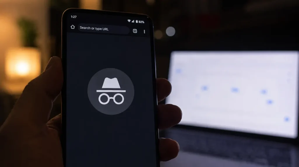 A close-up of a hand holding a smartphone that displays the dark-mode Google Incognito browsing icon.