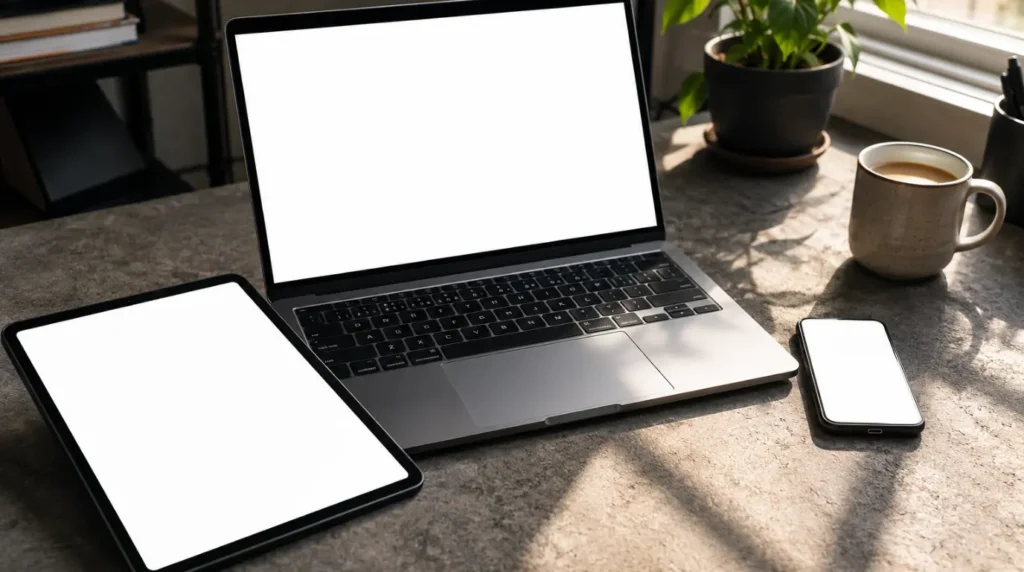A MacBook, iPad, and smartphone arranged on a concrete desk, all displaying blank white screens simultaneously.