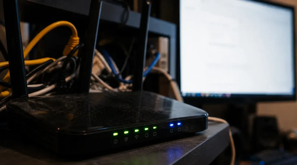 Close-up photo of a black Wi-Fi internet router with glowing green and blue LED status lights.