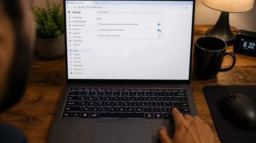 An over-the-shoulder view of a person adjusting a toggle switch inside a laptop's browser settings menu.