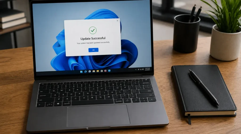 A clean office desk with a laptop displaying a system notification window that reads Update Successful with a green checkmark.