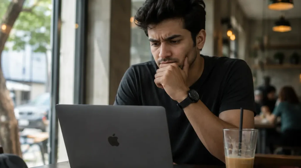 A young man sitting at a cafe table looking at his laptop screen with a puzzled and curious expression.