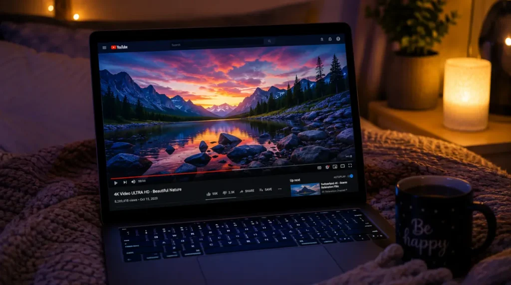 A laptop open on a cozy bed at night, successfully playing a bright and colorful YouTube video.