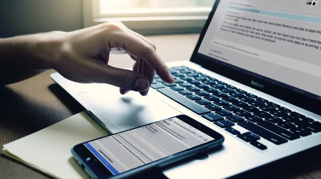 Hand hovering over a laptop power button beside a phone showing a forum.