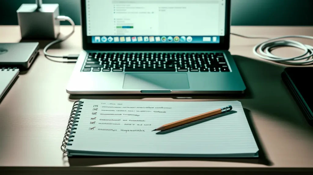 Notepad with troubleshooting steps beside an open laptop on a desk.