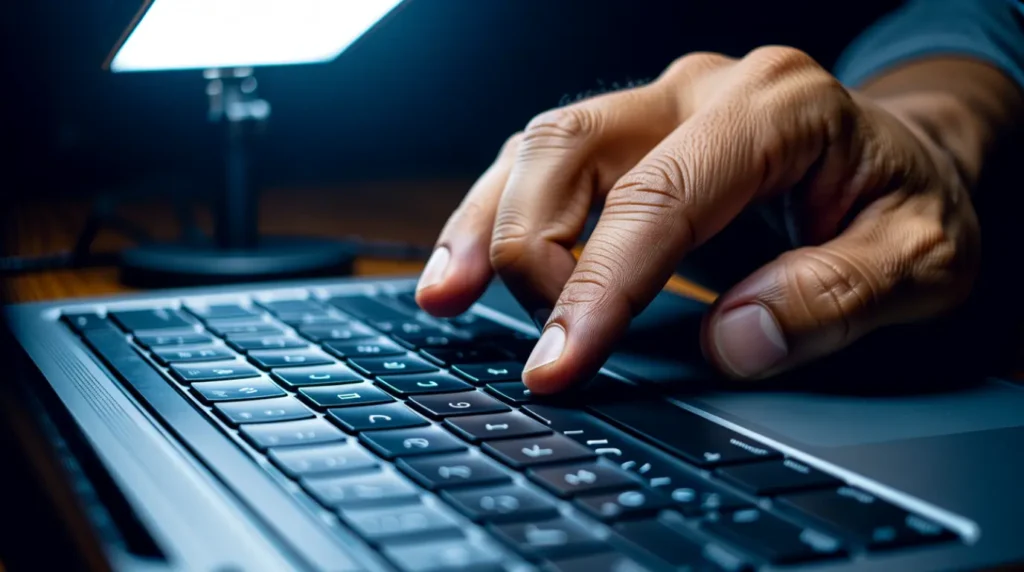 Hands pressing a key combination on a laptop keyboard during startup.