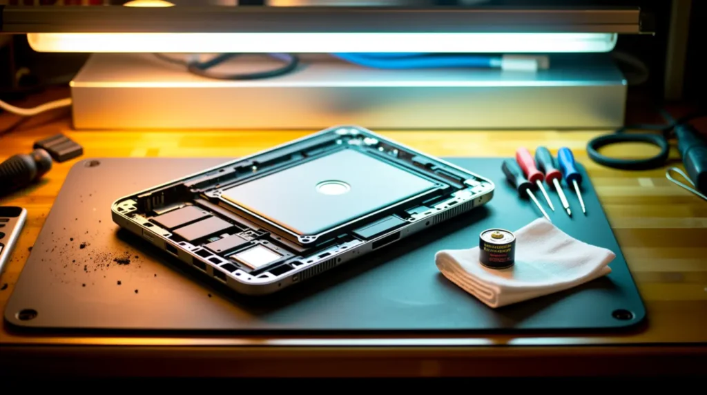 Open laptop chassis on a repair bench with tools and a small battery.