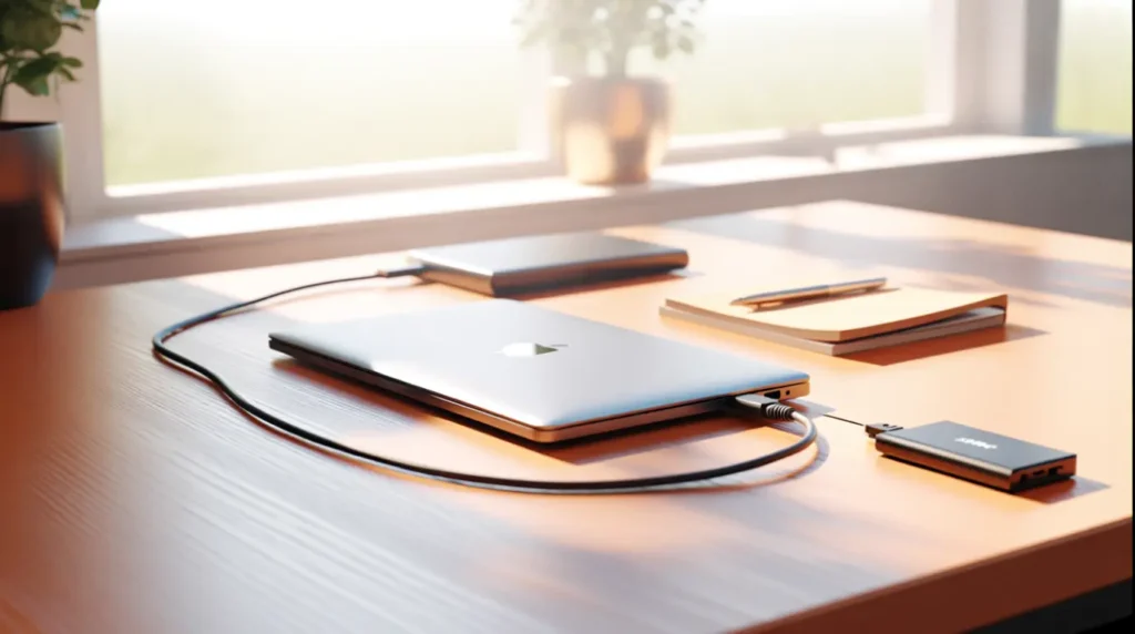 Laptop charging on a desk next to an external backup drive in morning light.