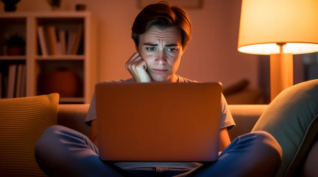 Person sitting on a couch looking thoughtfully at a laptop screen at night.