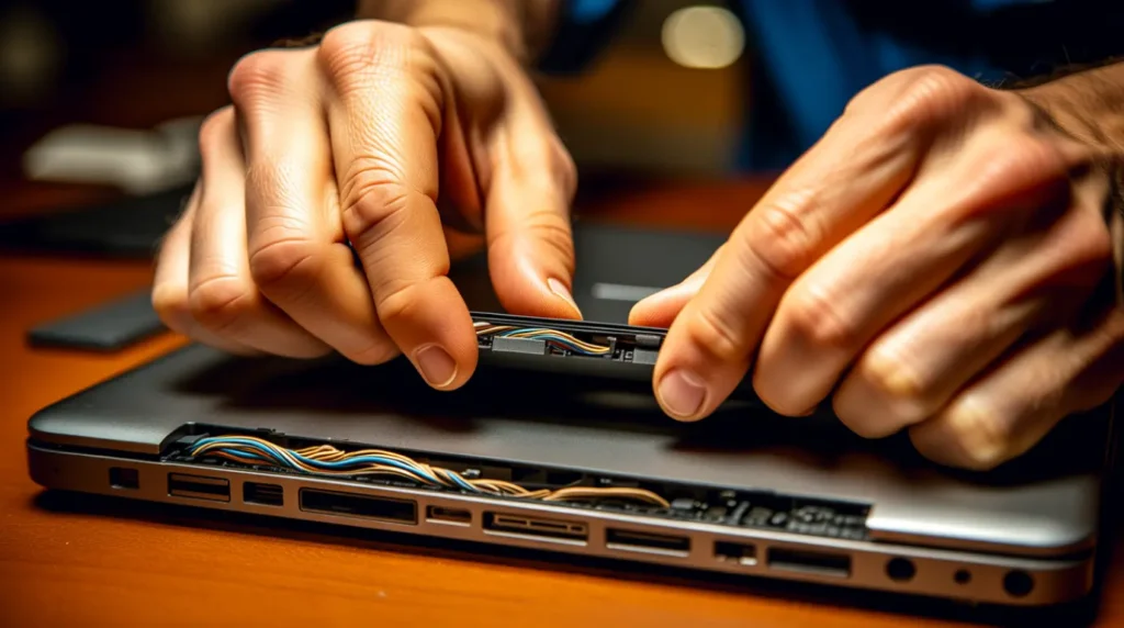 Technician inspecting an HP laptop hinge cable for damage.
