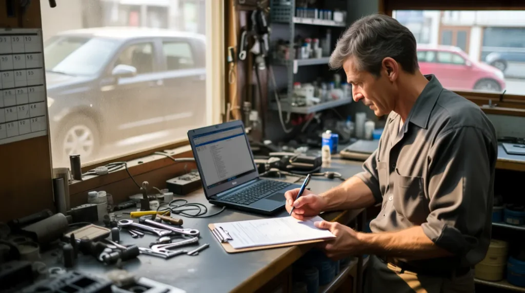 Repair technician inspecting a laptop before giving a quote.