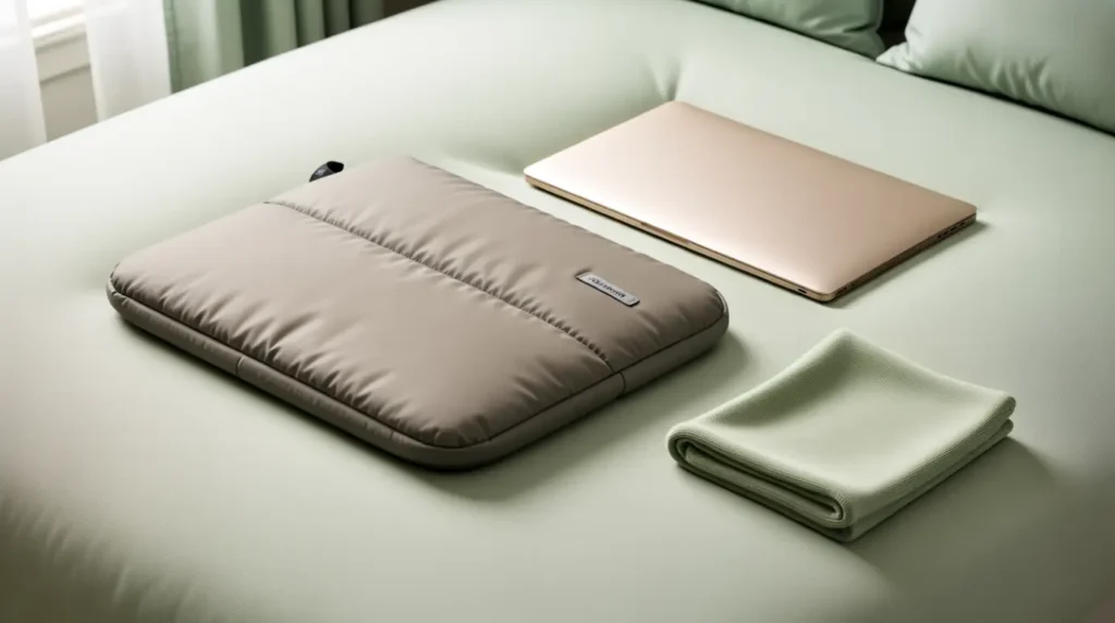 Protective laptop sleeve used to prevent screen pressure damage.