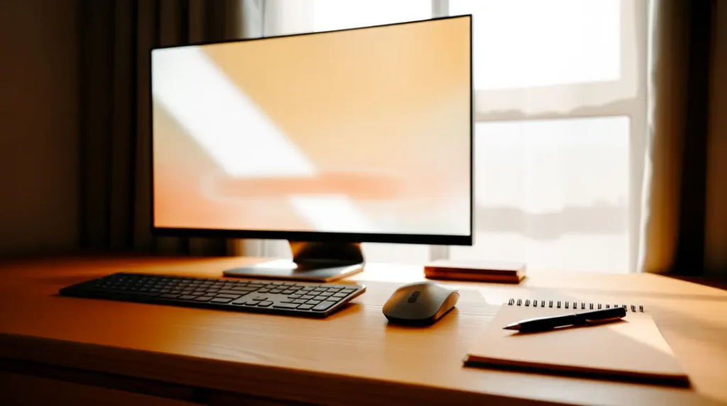 A real photo of a tidy desk setup with a PC monitor ready for troubleshooting.