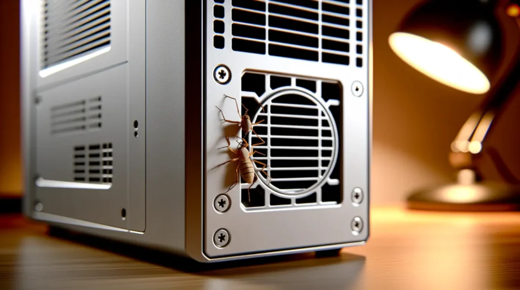 A real close-up photo of a laptop hinge vent where insects can enter.