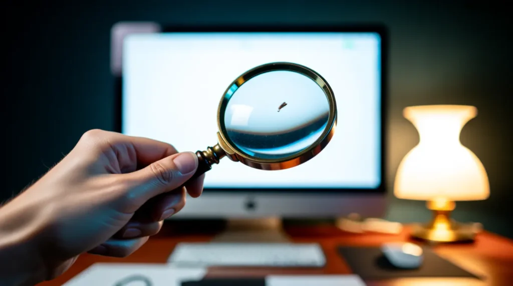 A real photo of someone using a magnifying glass to inspect a screen mark.