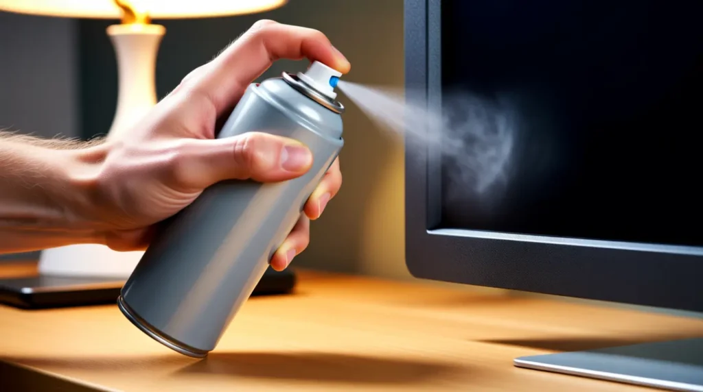 A real photo of compressed air being used carefully near a monitor bezel edge.