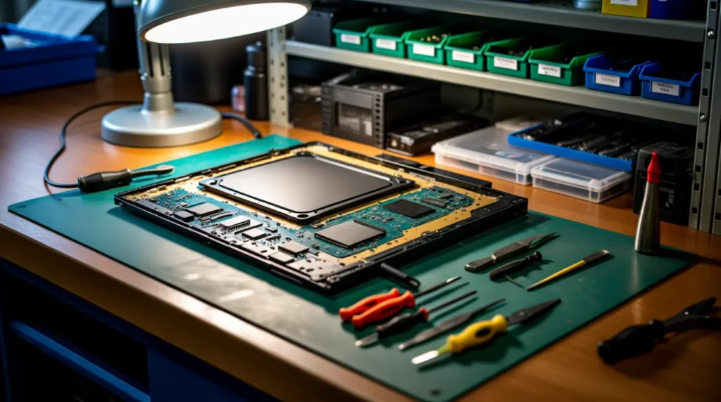 A real photo of a repair technician's workbench with a disassembled monitor.