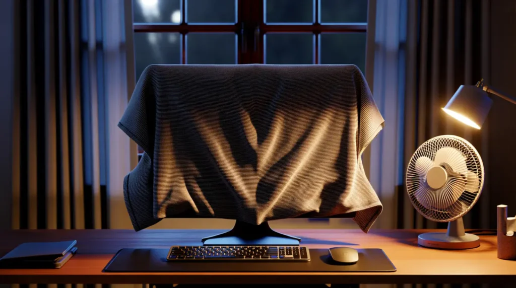 A real photo of a covered, powered-off monitor at night to prevent insects.
