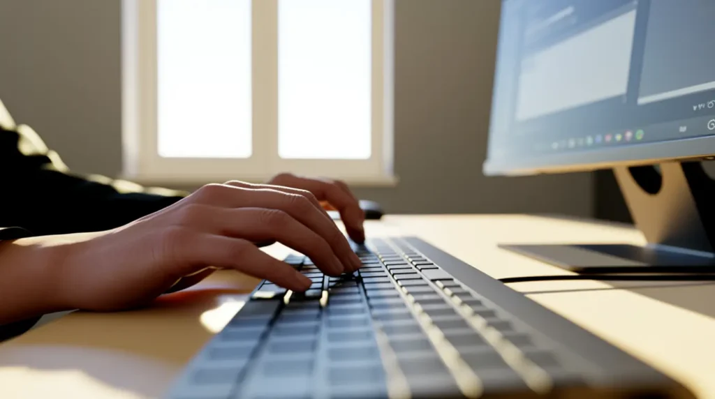 A real photo of someone typing at their PC while researching a screen issue.