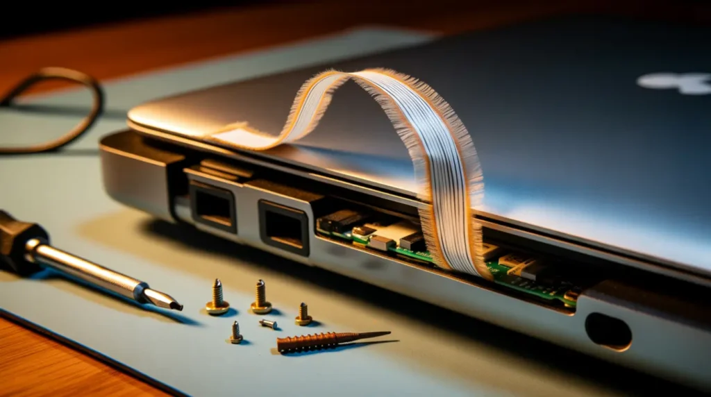 Close-up of a laptop hinge revealing the internal display ribbon cable.