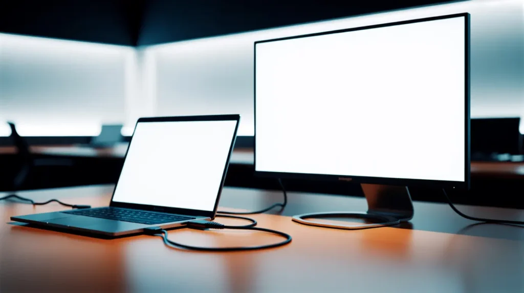 Laptop connected to an external monitor to test for a half white screen cause.