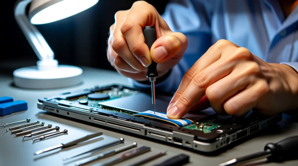 Technician reseating a laptop display cable connector during repair.