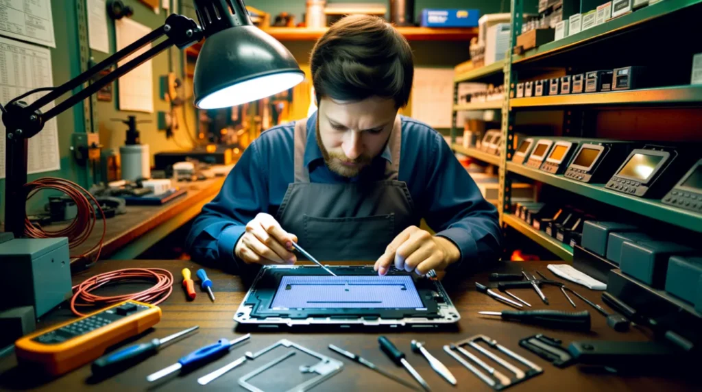 Technician inspecting a laptop screen panel inside a repair shop.