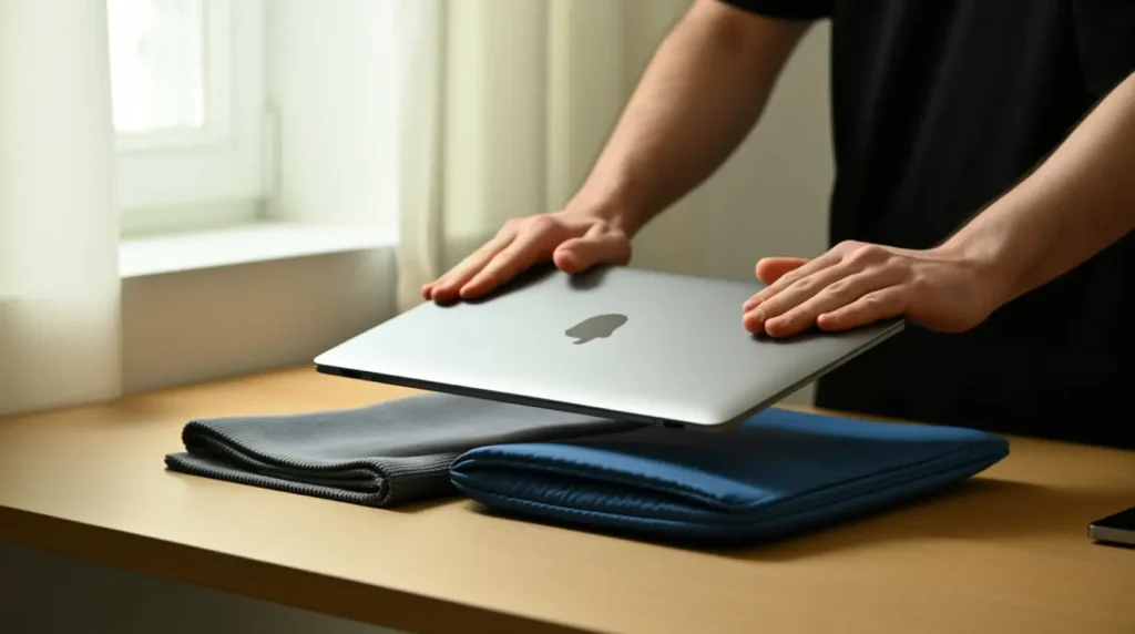 Person carefully closing a laptop with both hands to protect the hinge and screen.