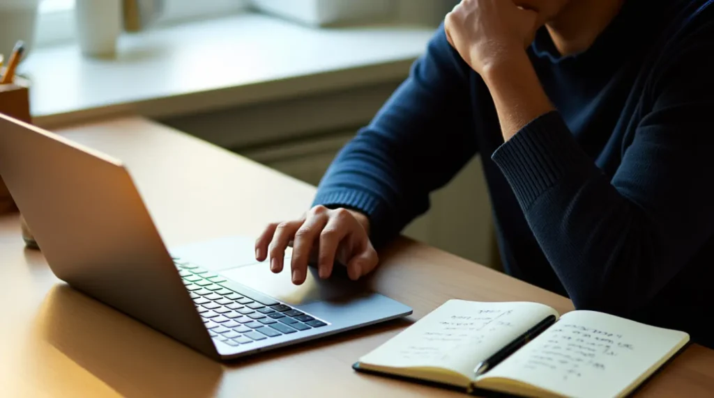 Person reviewing common laptop screen troubleshooting questions at their desk.