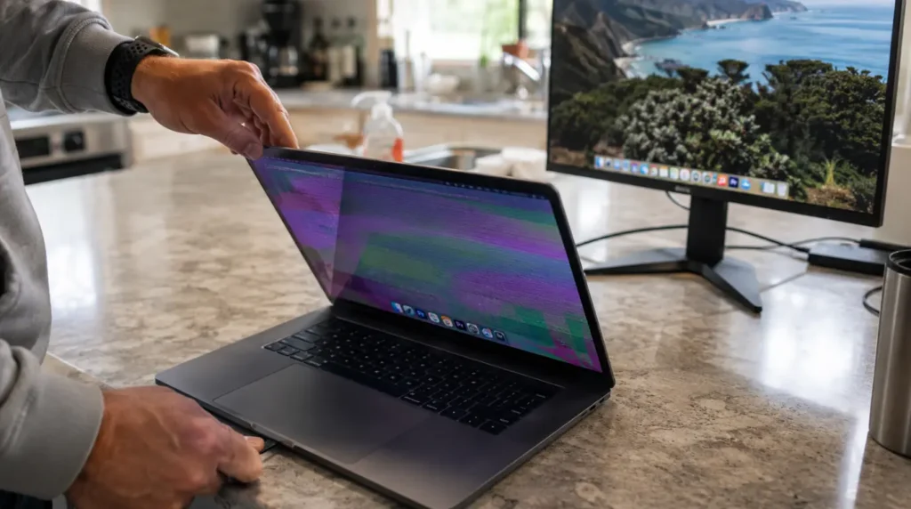 Hands tilting a MacBook lid while checking screen distortion next to a clean external monitor.