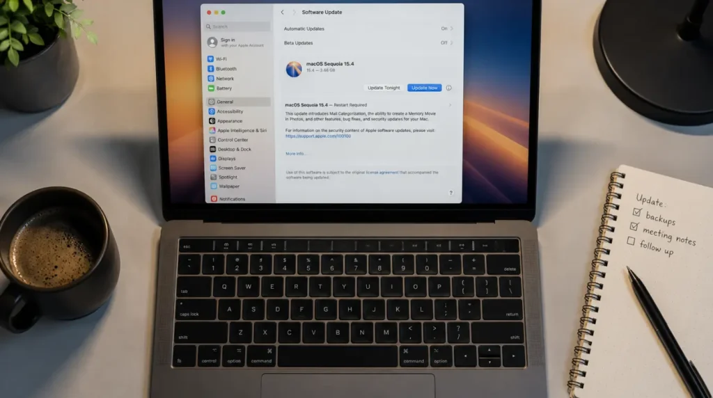 MacBook on a desk displaying the software update screen during a troubleshooting session.