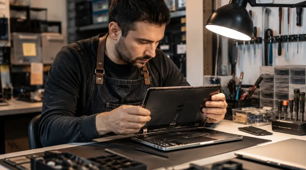 Technician examining a MacBook screen on a workbench inside a small repair shop.