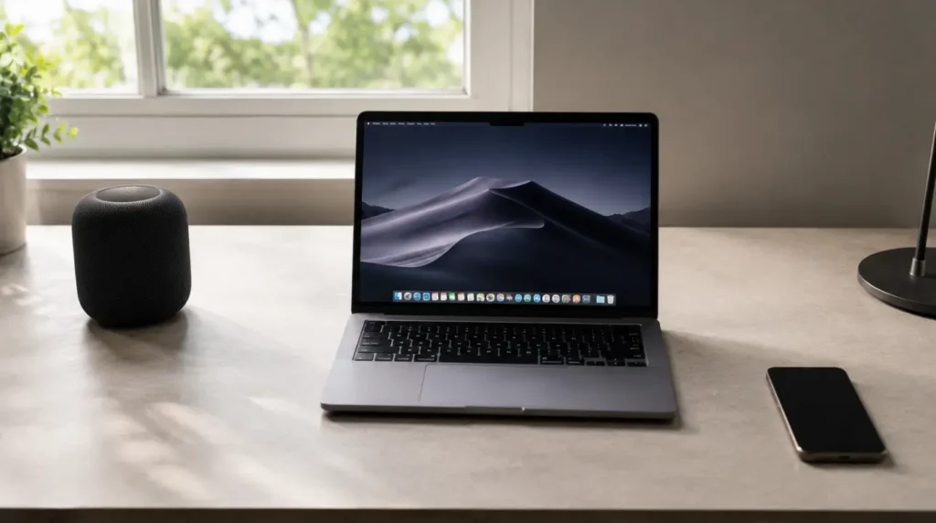MacBook placed on a flat desk with phone and speaker kept a safe distance away.
