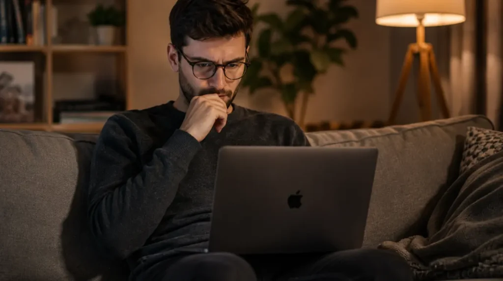 Person sitting on a couch looking thoughtfully at a MacBook screen.