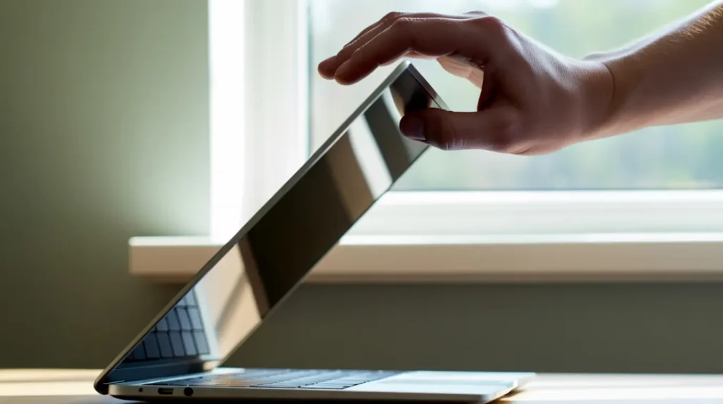 Hands tilting a MacBook screen to check a red dot during diagnosis.