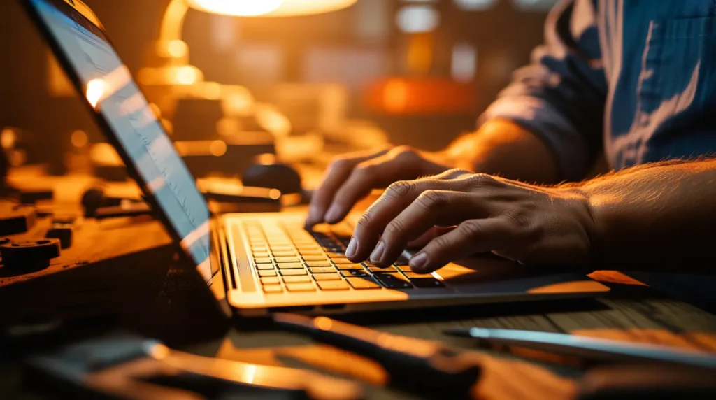 Technician hands working on a MacBook keyboard to fix a screen issue.