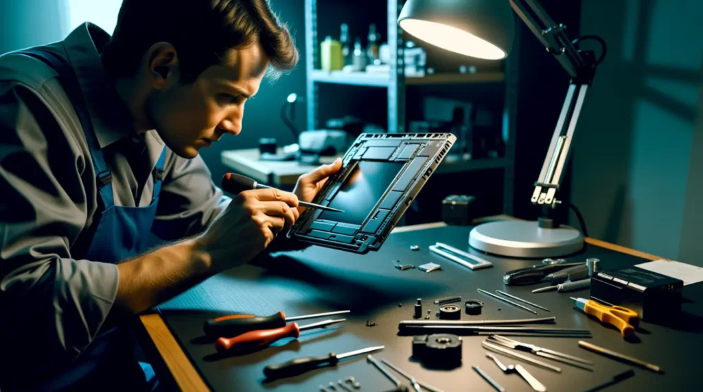 Repair technician inspecting a disassembled MacBook screen in a workshop.