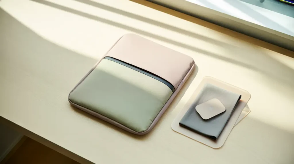 A MacBook stored safely in a padded sleeve with a cleaning cloth nearby.