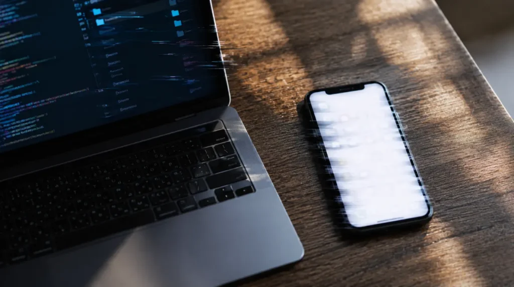 A phone and laptop on a desk representing hidden causes behind a blank Messenger screen.