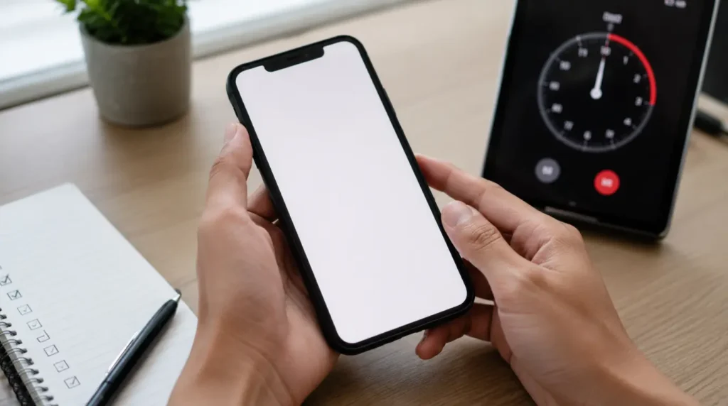 Hands checking a phone and timer while running a quick Messenger diagnostic.