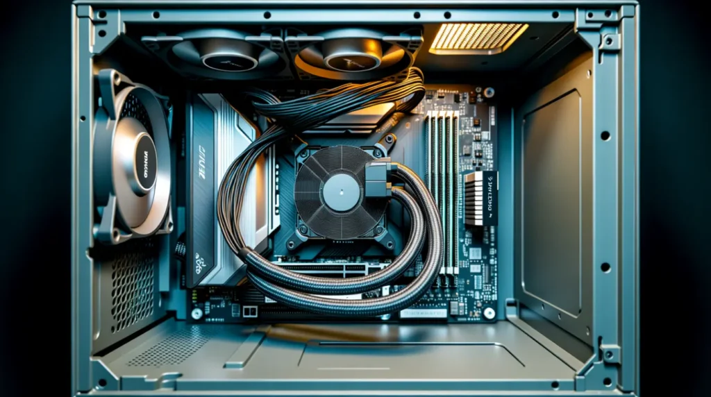 Inside view of a PC case showing GPU and display cable connections.