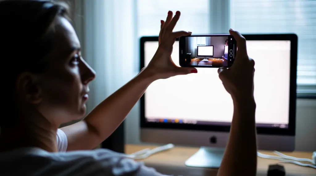 Person comparing a pc screen against a phone photo to test for red lines.