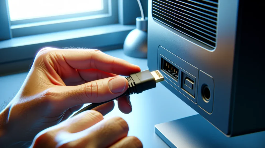 Hands reconnecting an HDMI cable to fix a red line display issue.